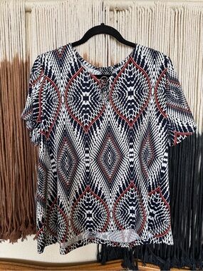 navy + white boho blouse; excellent condition